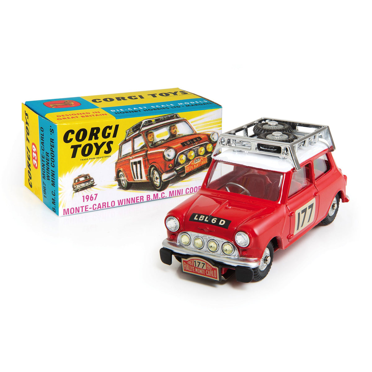 A Corgi Toys No. 339 Monte Carlo Mini Cooper S, comprising red body with white roof and red inter A Corgi Toys No. 339 Monte Carlo Mini Cooper S, comprising red body with white roof and red inter